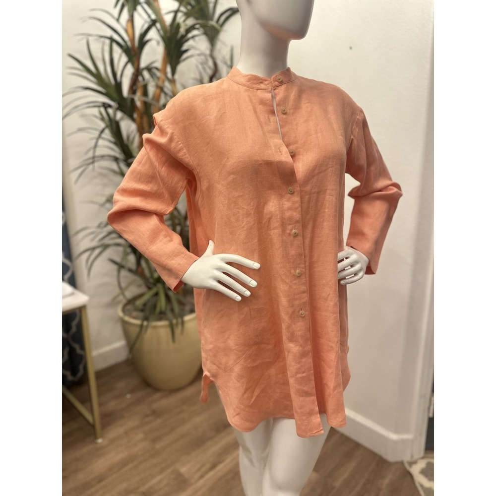 Ellen Tracy Linen Tunic Shirt Women Size M Button Down Blouse Pockets Coral Midi